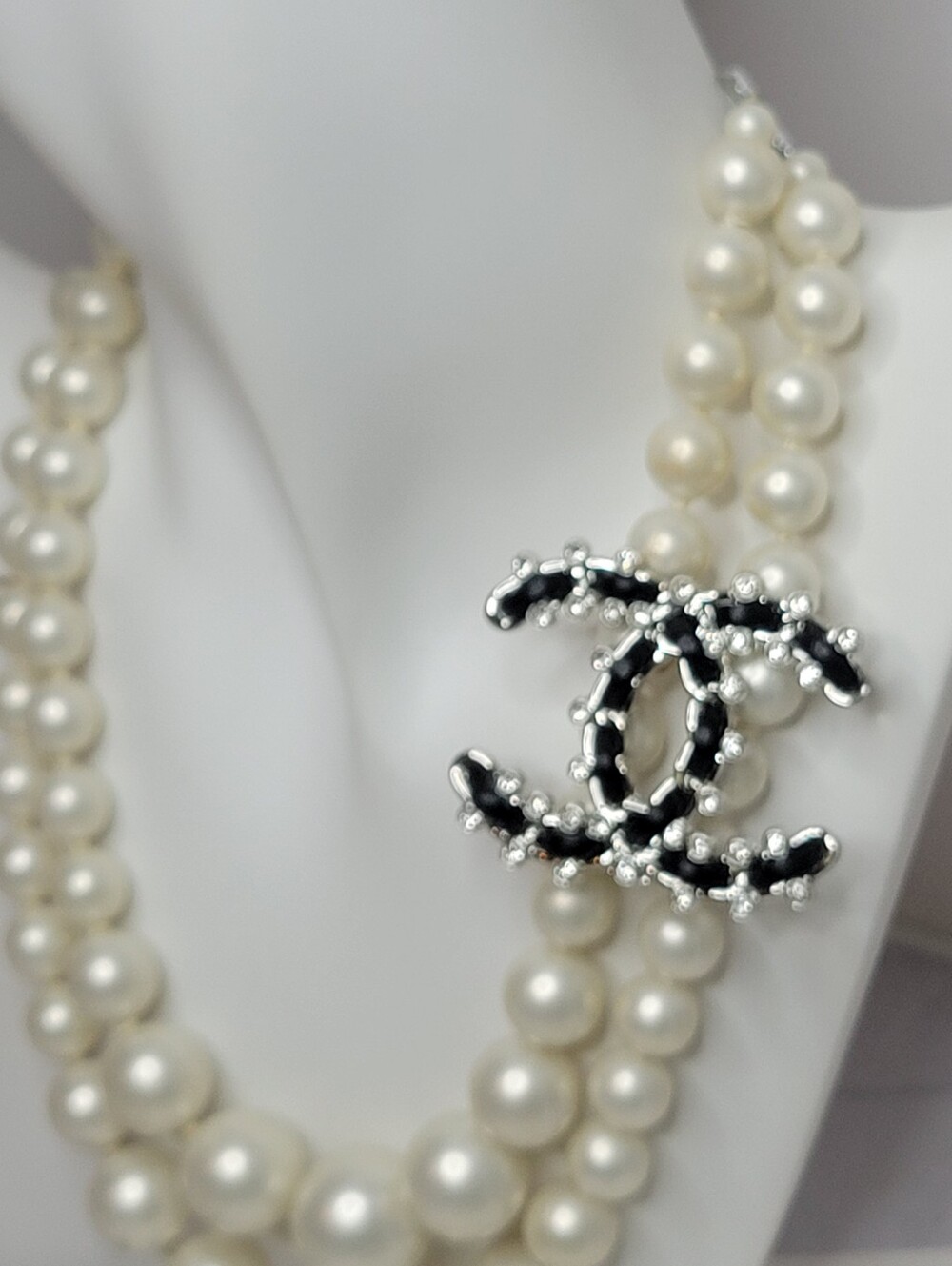 Vintage Double Strand Pearls with Black CC Logo Brooch